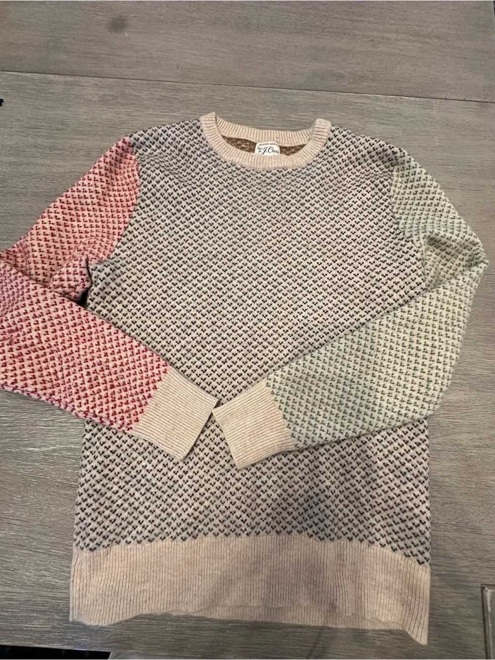 J. Crew Beige Crewneck Sweater with Pink and Mint Green Sleeves